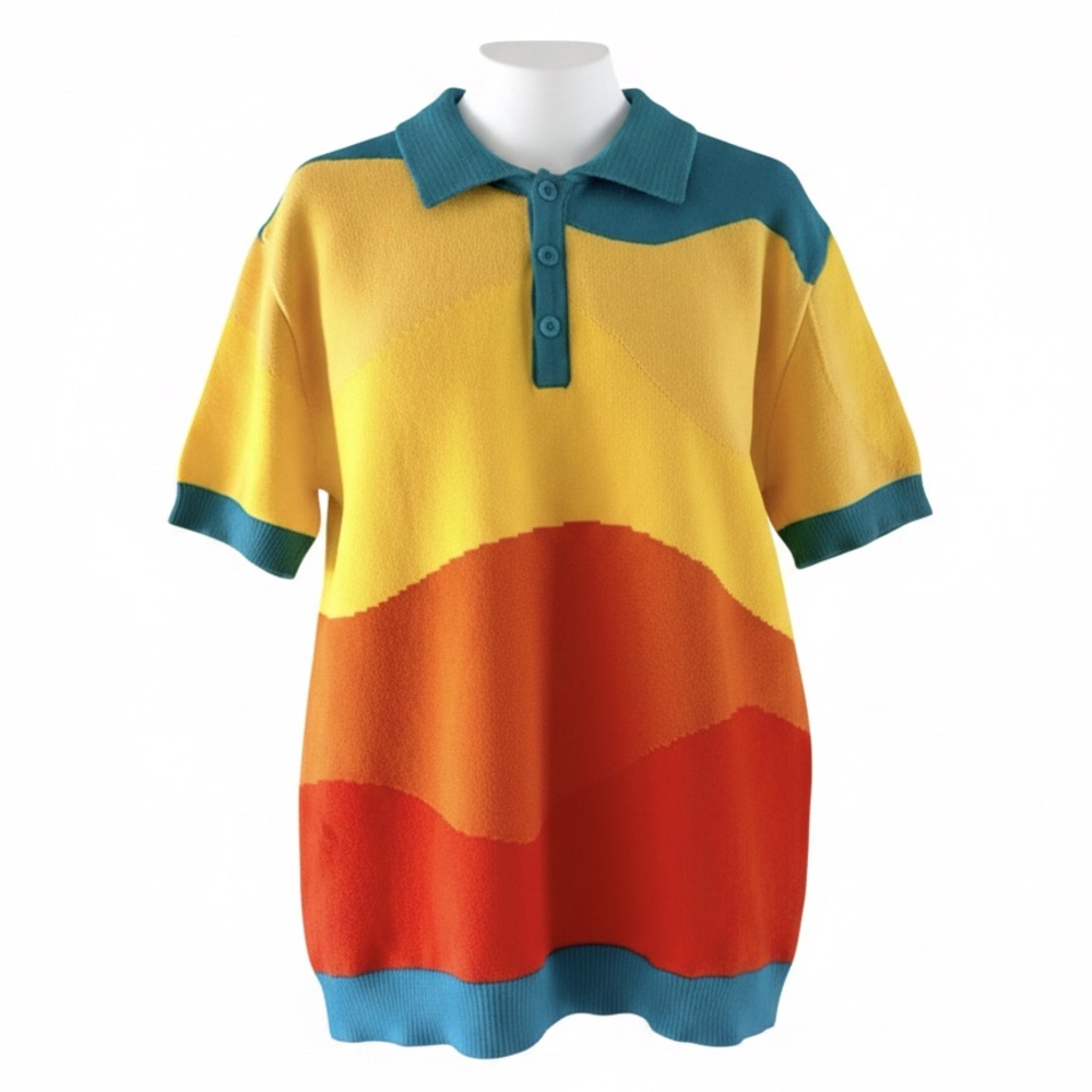 Oxknit Colorblock Short Sleeve Polo Sweater - Yellow, Orange, Teal